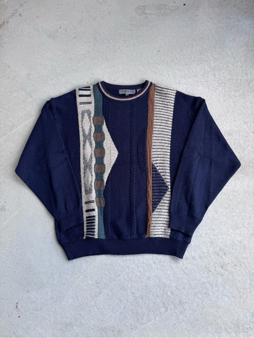 Men's Navy Crewneck Sweater with Geometric Contrast Panels